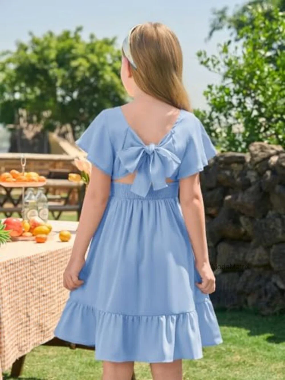 Girls Ruffle Short Sleeve Tie Back A-line Dress Square Neck Smocked Waist